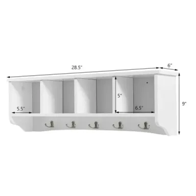 Nástěnná vstupní skříňka se 4 úložnými jednotkami a 5 dvojitými háčky moderní dekorativní nábytek 72 x 15 x 23 cm bílá