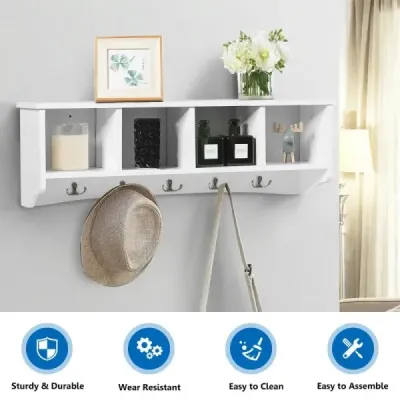 Nástěnná vstupní skříňka se 4 úložnými jednotkami a 5 dvojitými háčky moderní dekorativní nábytek 72 x 15 x 23 cm bílá