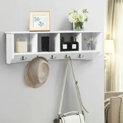 Nástěnná vstupní skříňka se 4 úložnými jednotkami a 5 dvojitými háčky moderní dekorativní nábytek 72 x 15 x 23 cm bílá