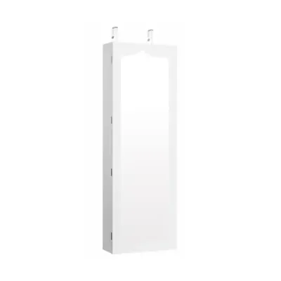 Skříňka na šperky s LED Uzamykatelná nástěnná/dveřová skříňka na šperky se zrcadlem a 6 zásuvkami Bílá