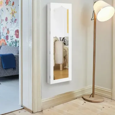 Skříňka na šperky s LED Uzamykatelná nástěnná/dveřová skříňka na šperky se zrcadlem a 6 zásuvkami Bílá