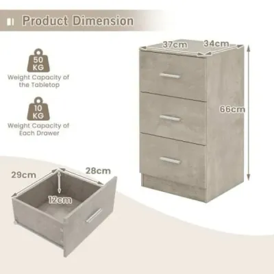 Noční stolek se 3 zásuvkami Noční stolek ve vysokém lesku Noční komoda k posteli se skříňovou pružinou 37 x 34 x 66,5 cm Cementově šedá