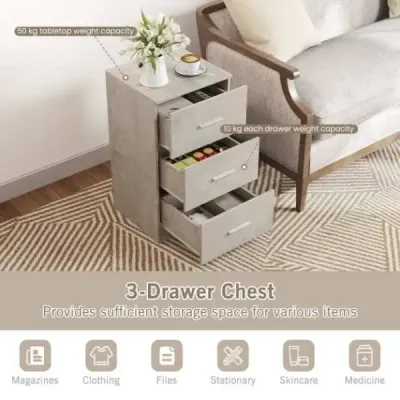 Noční stolek se 3 zásuvkami Noční stolek ve vysokém lesku Noční komoda k posteli se skříňovou pružinou 37 x 34 x 66,5 cm Cementově šedá