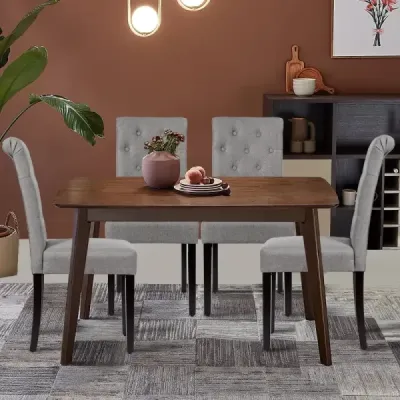 Sada 2 jídelních židlí s knoflíky, čalouněné látkové židle s nohami z kaučukovníku, šedé