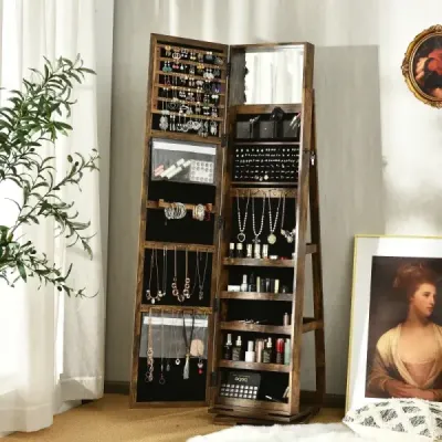2 v 1 skříňka na šperky a žebříková police se zrcadlem po celé délce 39 x 39 x 161 cm hnědá