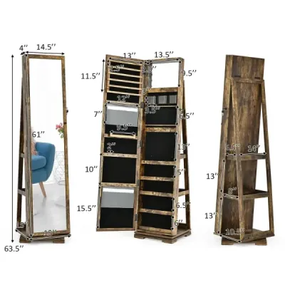 2 v 1 skříňka na šperky a žebříková police se zrcadlem po celé délce 39 x 39 x 161 cm hnědá