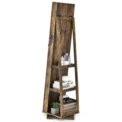 2 v 1 skříňka na šperky a žebříková police se zrcadlem po celé délce 39 x 39 x 161 cm hnědá