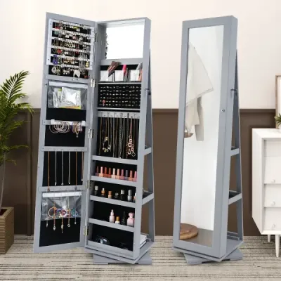 360° otočná skříňka na šperky se zrcadlem po celé délce Zrcadlová skříňka s úložným prostorem na šperky Šedá barva