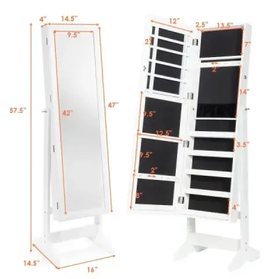 Skříňka na šperky se zrcadlem po celé délce Stojan na šperky 41 x 36,5 x 146 cm Bílá