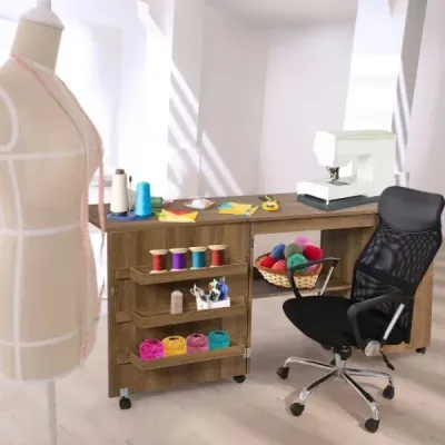 Skládací šicí stůl univerzální řemeslnický stůl se širokou pracovní deskou 158 x 50 x 75 cm hnědý