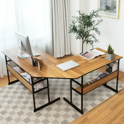 Psací stůl ve tvaru písmene L s výklopnou deskou, spodní policí a stojanem na procesor Kreslící stůl Počítačový stůl 170 x 150 x 75 cm Ořechové dřevo