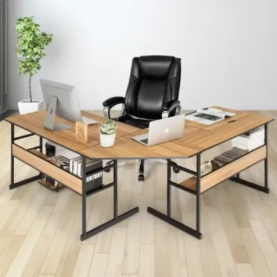 Psací stůl ve tvaru písmene L s výklopnou deskou, spodní policí a stojanem na procesor Kreslící stůl Počítačový stůl 170 x 150 x 75 cm Ořechové dřevo
