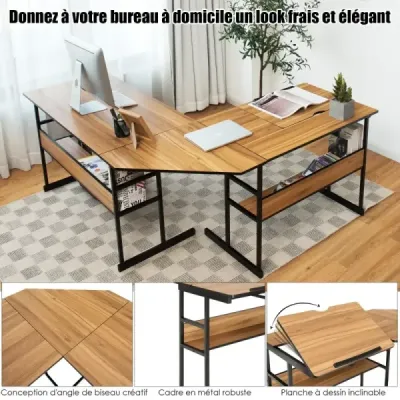 Psací stůl ve tvaru písmene L s výklopnou deskou, spodní policí a stojanem na procesor Kreslící stůl Počítačový stůl 170 x 150 x 75 cm Ořechové dřevo
