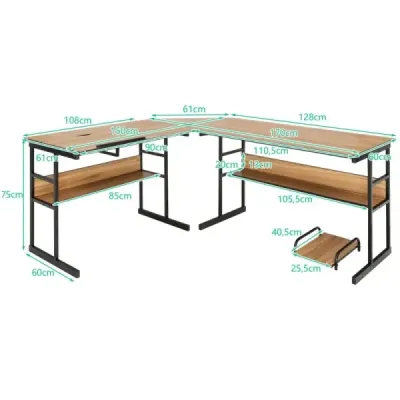 Psací stůl ve tvaru písmene L s výklopnou deskou, spodní policí a stojanem na procesor Kreslící stůl Počítačový stůl 170 x 150 x 75 cm Ořechové dřevo