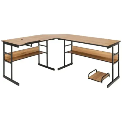Psací stůl ve tvaru písmene L s výklopnou deskou, spodní policí a stojanem na procesor Kreslící stůl Počítačový stůl 170 x 150 x 75 cm Ořechové dřevo
