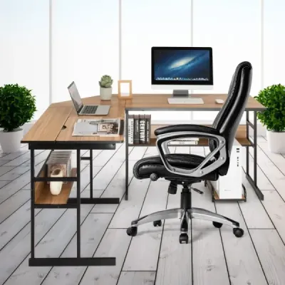 Psací stůl ve tvaru písmene L s výklopnou deskou, spodní policí a stojanem na procesor Kreslící stůl Počítačový stůl 170 x 150 x 75 cm Ořechové dřevo