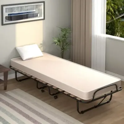 Sklápěcí lůžko s matrací přenosné a pojízdné lůžko pro hosty 190cm x 80cm x 33cm béžová barva vyrobeno v Itálii