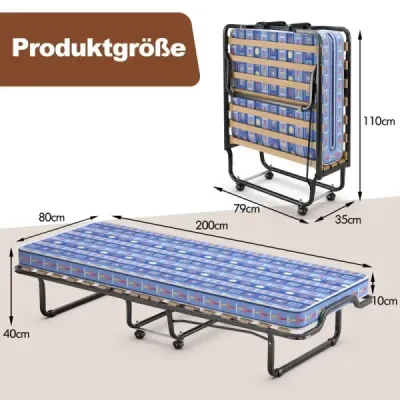 80 x 200 cm rozkládací postel pro hosty skládací rozkládací postel s matrací z paměťové pěny modrá