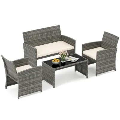 4dílná sada zahradního nábytku, sada pro posezení včetně ratanové židle Loveseat a stolu, sada balkonového nábytku, béžová