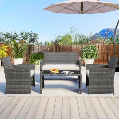 4dílná sada zahradního nábytku, sada pro posezení včetně ratanové židle Loveseat a stolu, sada balkonového nábytku, béžová