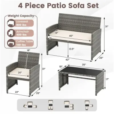 4dílná sada zahradního nábytku, sada pro posezení včetně ratanové židle Loveseat a stolu, sada balkonového nábytku, béžová