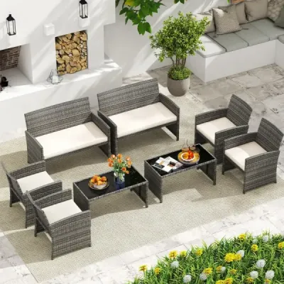 4dílná sada zahradního nábytku, sada pro posezení včetně ratanové židle Loveseat a stolu, sada balkonového nábytku, béžová