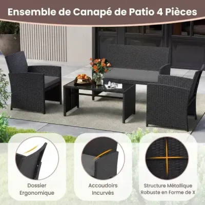 4dílný ratanový zahradní nábytek Wicker 2místná pohovka s konferenčním stolkem z tvrzeného skla, šedá