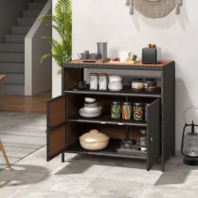 Zahradní skříň Ratanová skříň na terasu s pracovní deskou z akáciového dřeva Terasa 90 x 53 x 86 cm Hnědá
