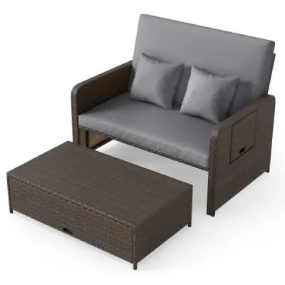 Polyrattanové lehátko pro 2 osoby, balkonový nábytek a taburet s úložným prostorem, 4stupňově nastavitelné opěradlo, šedé