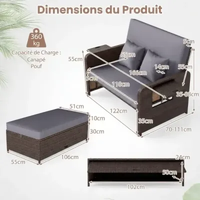 Polyrattanové lehátko pro 2 osoby, balkonový nábytek a taburet s úložným prostorem, 4stupňově nastavitelné opěradlo, šedé