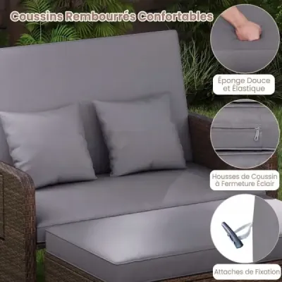 Polyrattanové lehátko pro 2 osoby, balkonový nábytek a taburet s úložným prostorem, 4stupňově nastavitelné opěradlo, šedé