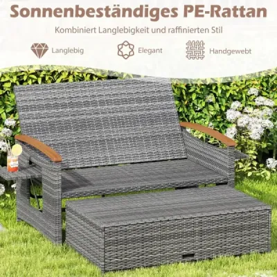 Ratanová zahradní lavice pro venkovní použití, dvoumístná, balkonový nábytek a podnožka s úložným prostorem, bílá