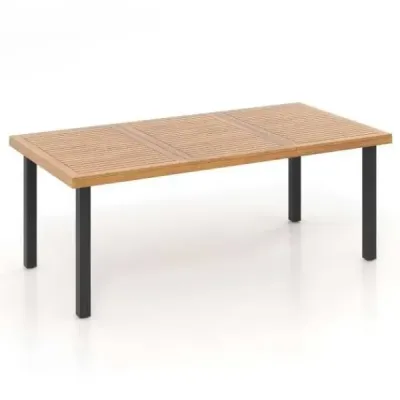 Velký zahradní jídelní stůl o rozměrech 200 × 100 cm s deskou z akáciového dřeva a robustními kovovými nohami