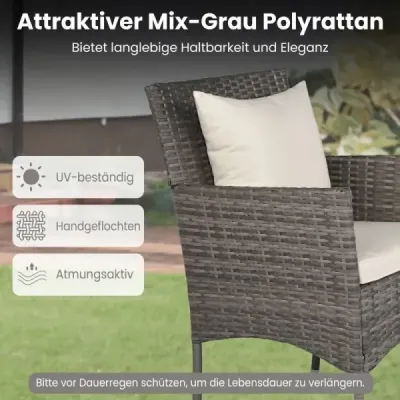 3dílná sada zahradního nábytku na balkon včetně 2 ratanových židlí s dvouvrstvým stolem z tvrzeného skla, béžová