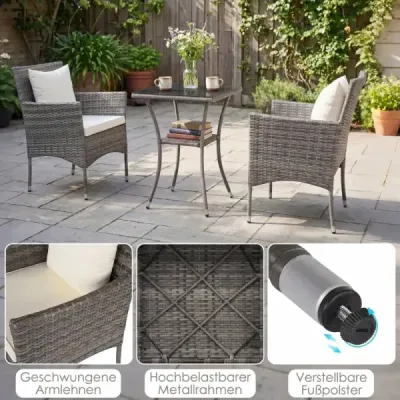 3dílná sada zahradního nábytku na balkon včetně 2 ratanových židlí s dvouvrstvým stolem z tvrzeného skla, béžová