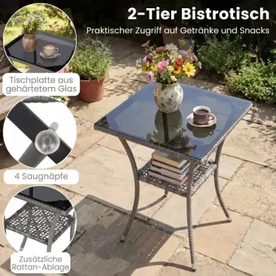 3dílná sada zahradního nábytku na balkon včetně 2 ratanových židlí s dvouvrstvým stolem z tvrzeného skla, béžová