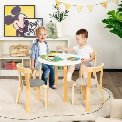 Dětský dřevěný stůl se 4 židlemi pro děti, sada dětského stolu a židlí s opěradlem, barevná