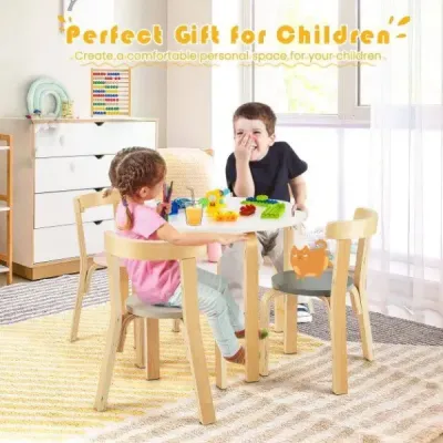 Dětský dřevěný stůl se 4 židlemi pro děti, sada dětského stolu a židlí s opěradlem, barevná