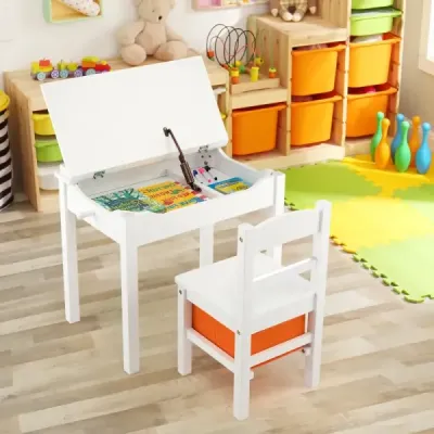 Dětský stůl + židlička z masivu s rozkládací deskou stolu & zásuvkou & háčky bílé