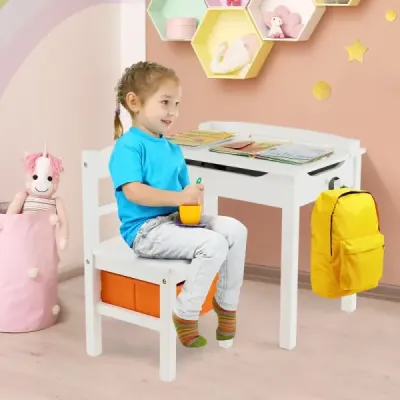 Dětský stůl + židlička z masivu s rozkládací deskou stolu & zásuvkou & háčky bílé