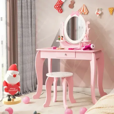 Dětský dřevěný toaletní stolek 2 v 1 s židlí pro děti od 3 do 7 let Růžová + Bílá