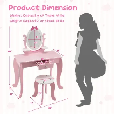 Dětský dřevěný toaletní stolek 2 v 1 s židlí pro děti od 3 do 7 let Růžová + Bílá