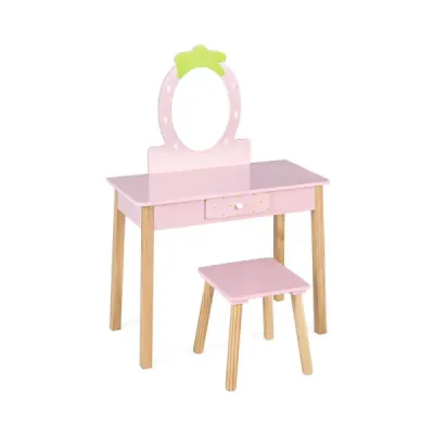 Erdbeerförmiges 2-in-1-Kinder-Schminkset aus Holz mit Hocker & Spiegel & Schublade