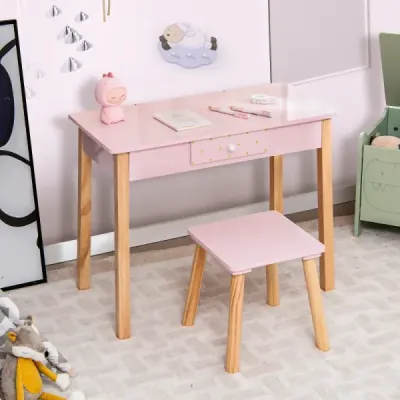 Erdbeerförmiges 2-in-1-Kinder-Schminkset aus Holz mit Hocker & Spiegel & Schublade