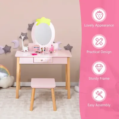 Erdbeerförmiges 2-in-1-Kinder-Schminkset aus Holz mit Hocker & Spiegel & Schublade