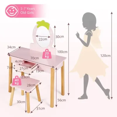 Erdbeerförmiges 2-in-1-Kinder-Schminkset aus Holz mit Hocker & Spiegel & Schublade