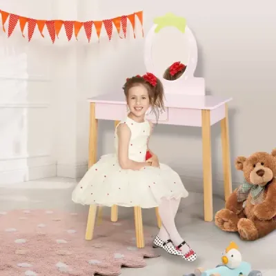 Erdbeerförmiges 2-in-1-Kinder-Schminkset aus Holz mit Hocker & Spiegel & Schublade