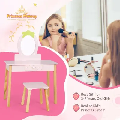 Erdbeerförmiges 2-in-1-Kinder-Schminkset aus Holz mit Hocker & Spiegel & Schublade