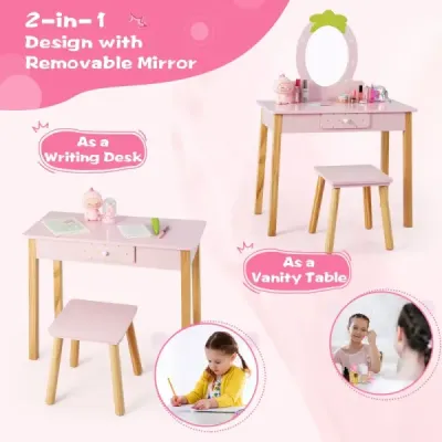 Erdbeerförmiges 2-in-1-Kinder-Schminkset aus Holz mit Hocker & Spiegel & Schublade