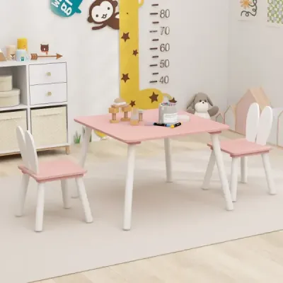 Dětský stolek se 2 židlemi 3 kusy. Dětská sedací souprava s nohama z masivního dřeva a opěradlem zaječí ouška
